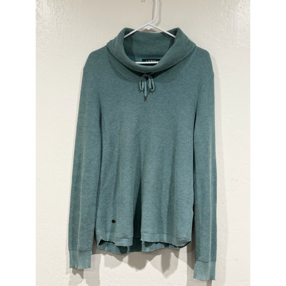 Lauren Ralph Lauren Waffle Knit Cowl Neck Drawstring Sweater Teal Blue LG
